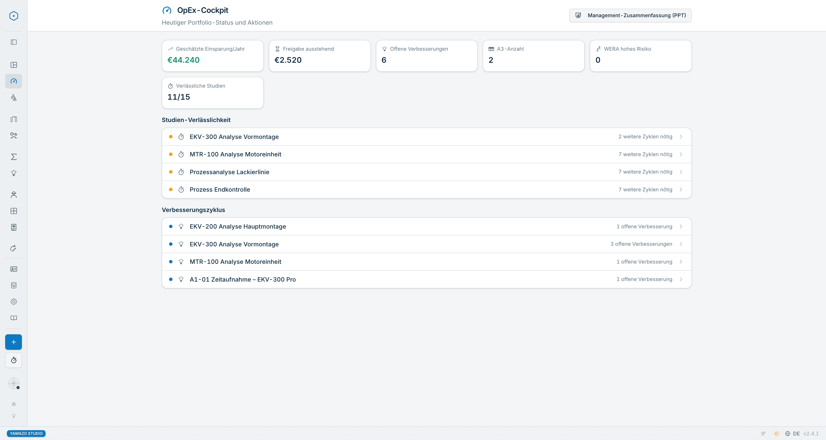Yamazo Studio OpEx-Cockpit — Verbesserungsportfolio, berechnete Jahreseinsparung und offene Entscheidungen
