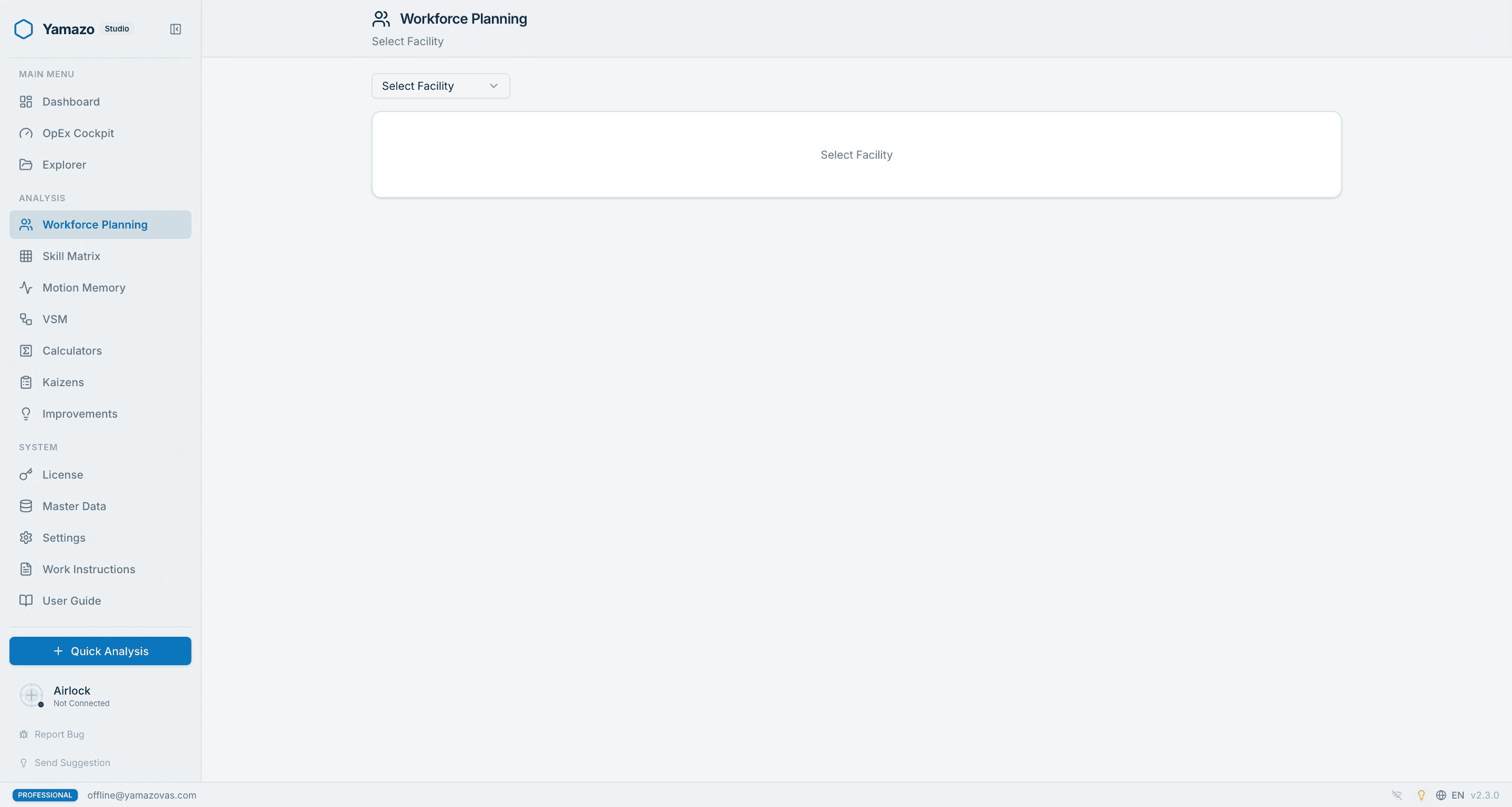 Yamazo Studio workforce planning screen — required headcount per station for a product demand, with scenario comparison